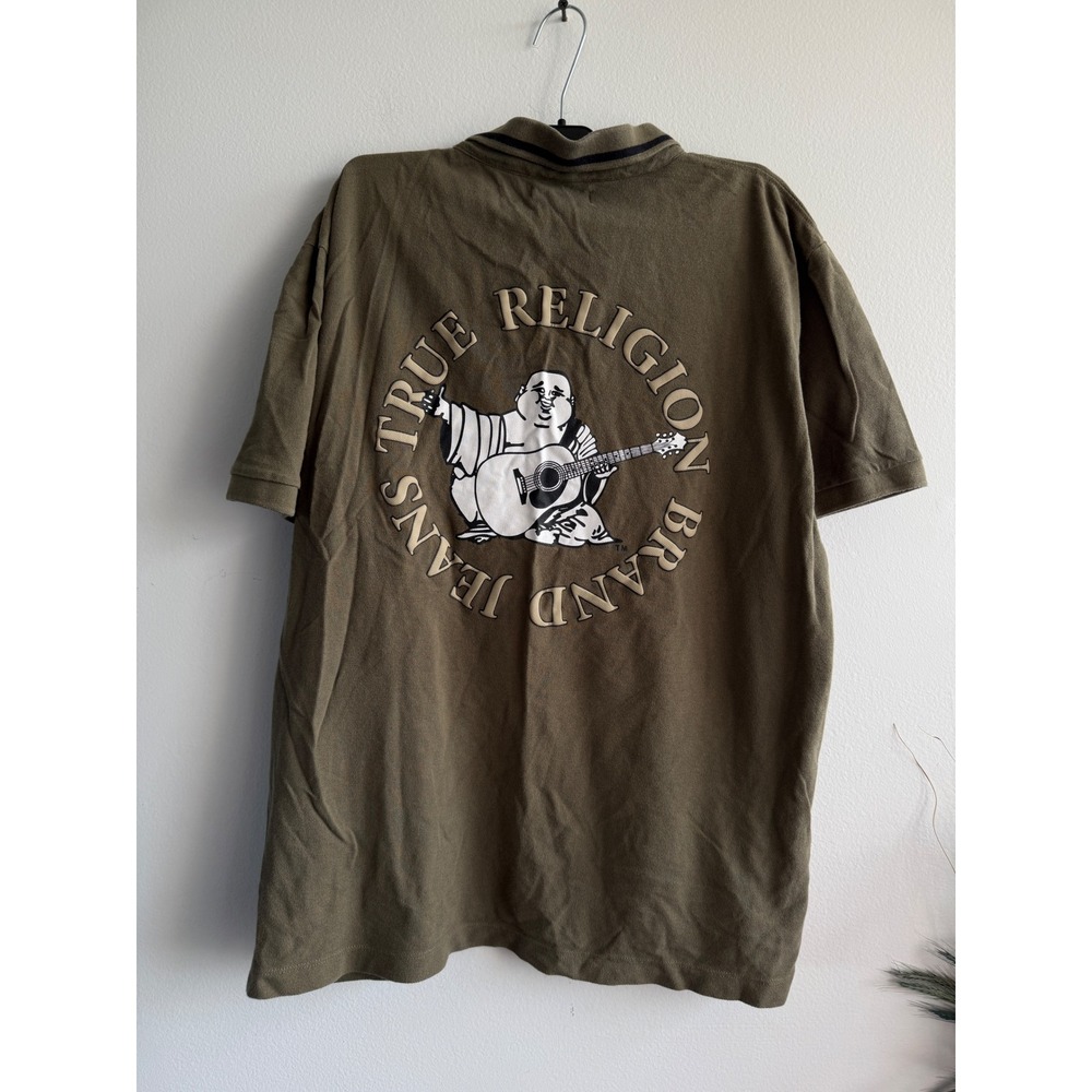True Religion‎ Mens XL Olive Green Buddha Guitar Graphic Polo Shirt Short Sleeve